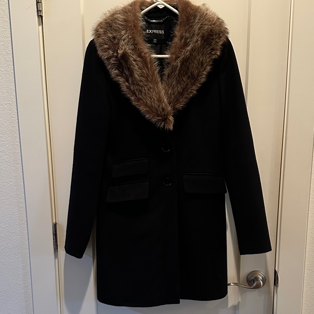 Express Black Pea Coat with GENUINE Fur Collar